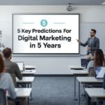 Instructor teaching a group of students in a modern classroom with a large screen displaying “5 Key Predictions for Digital Marketing in 5 Years,” representing a digital marketing training session and future marketing trends.