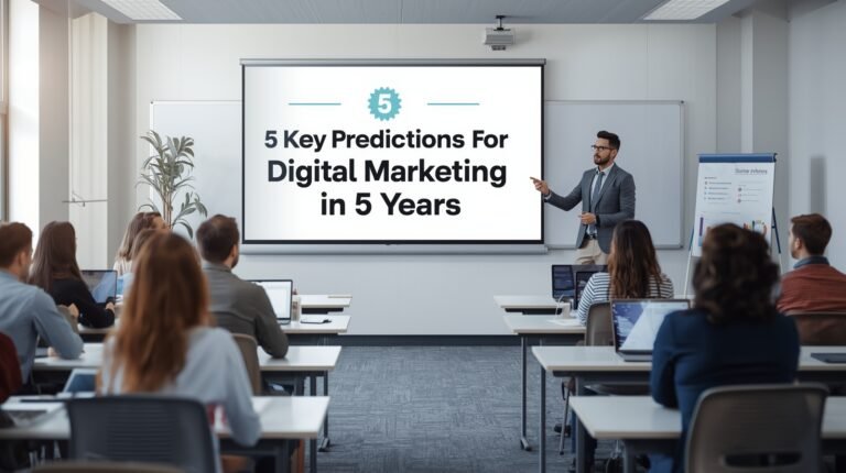 Instructor teaching a group of students in a modern classroom with a large screen displaying “5 Key Predictions for Digital Marketing in 5 Years,” representing a digital marketing training session and future marketing trends.