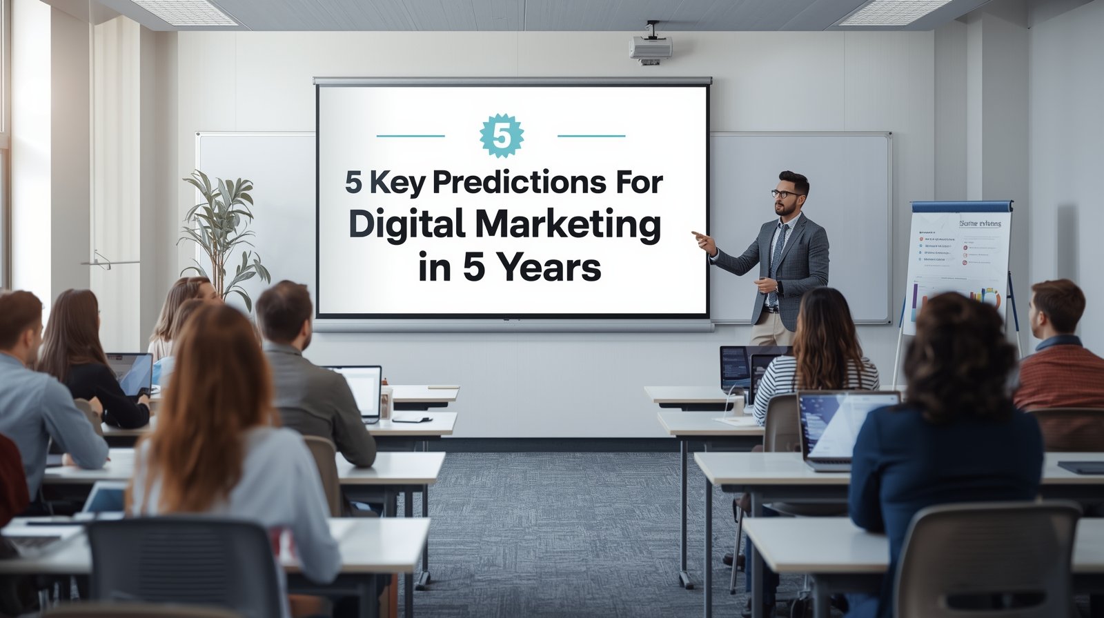 Instructor teaching a group of students in a modern classroom with a large screen displaying “5 Key Predictions for Digital Marketing in 5 Years,” representing a digital marketing training session and future marketing trends.