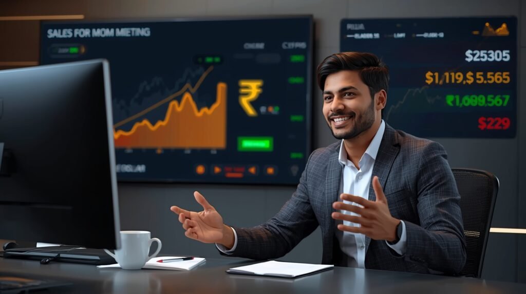 person sitting in front of computer and graphs in the background