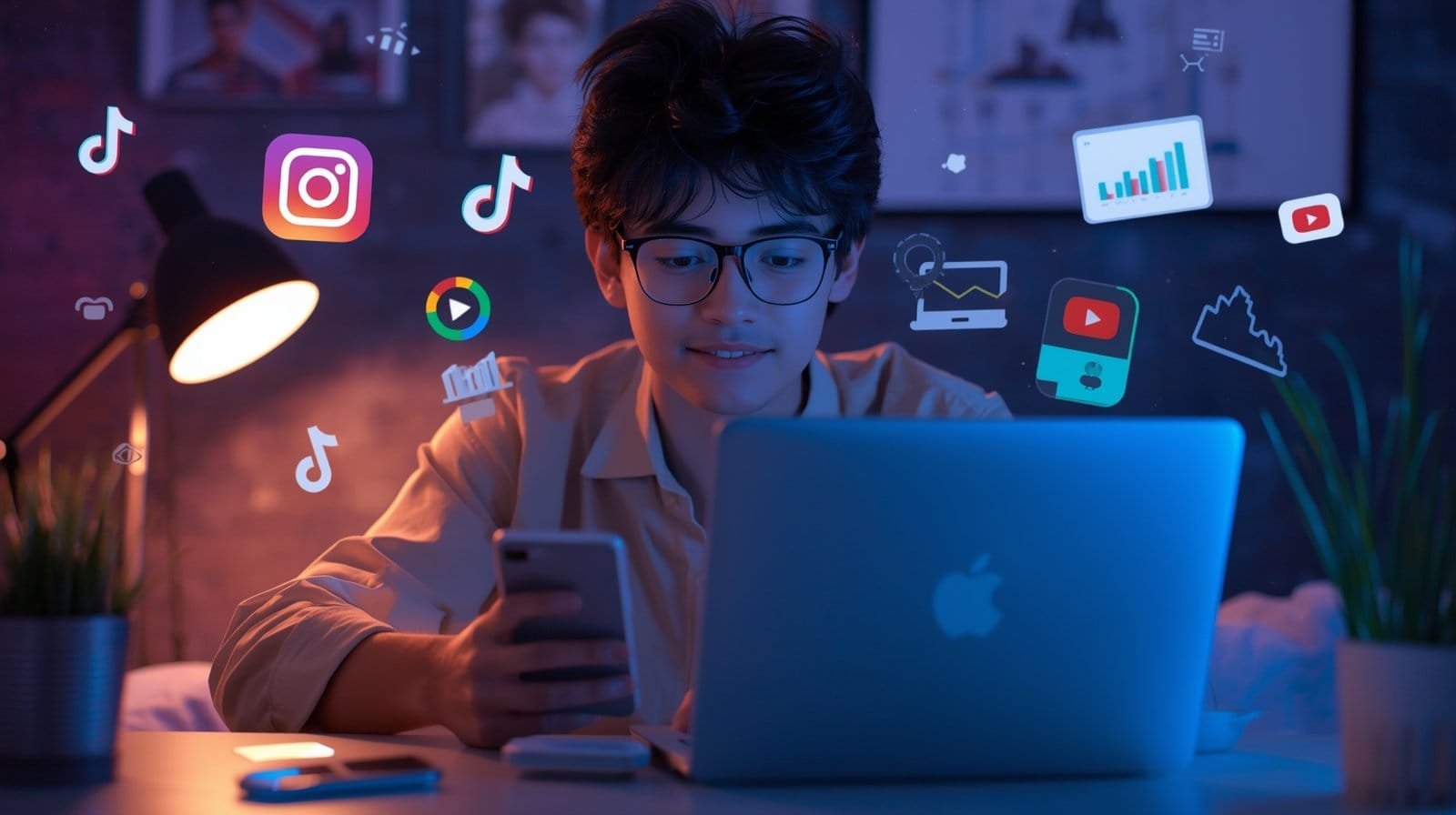 Young student using a laptop and smartphone with floating social media icons, representing digital marketing learning.