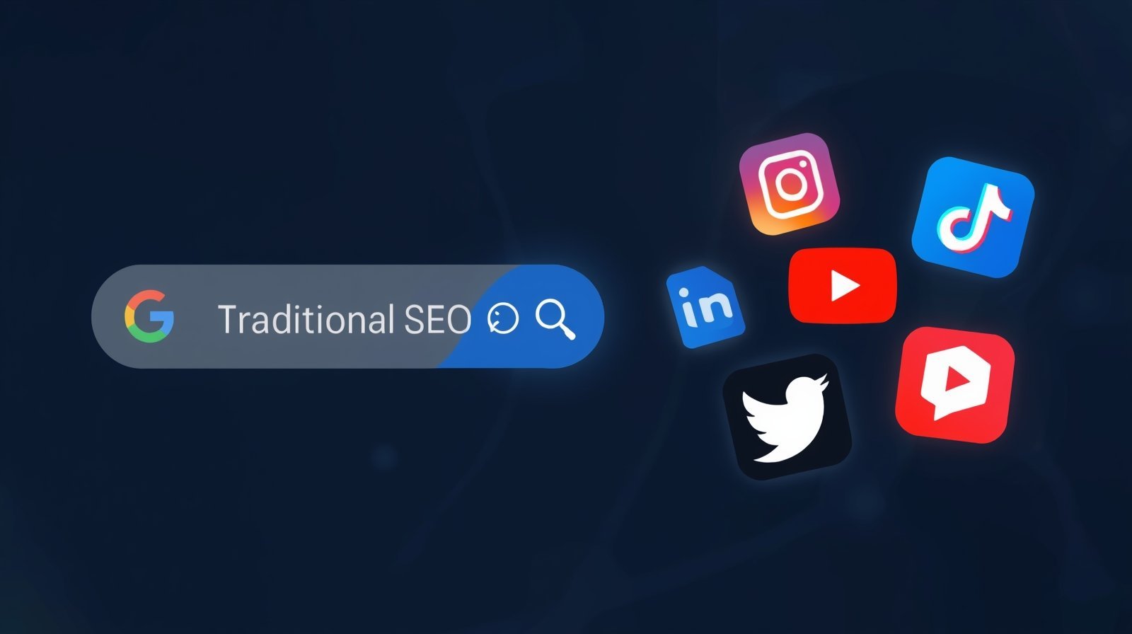 Learn With Techbooz Insights 48 "Illustration showing the decline of traditional SEO and the rise of social media search with Google search bar fading and social media icons highlighted."