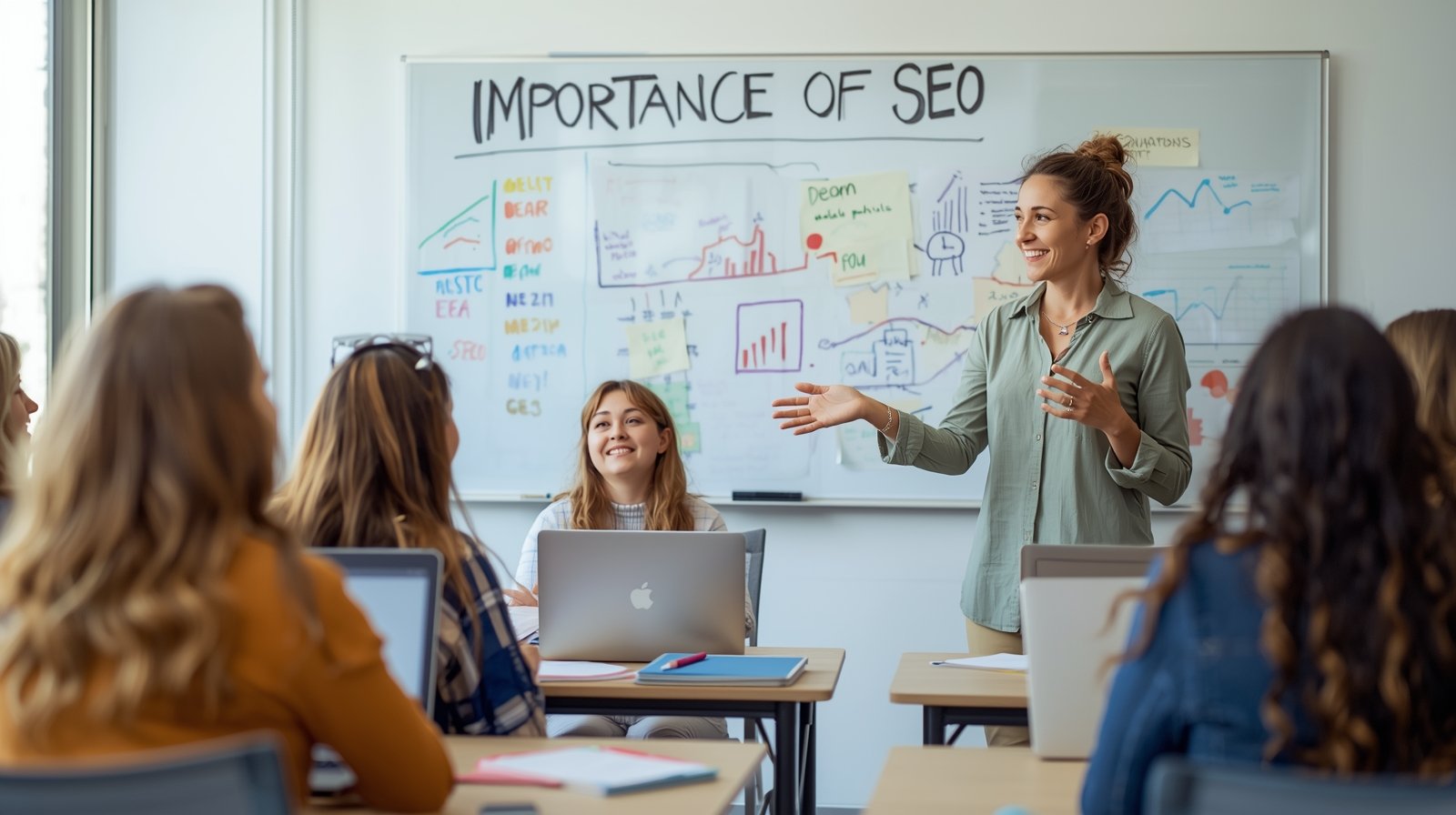 “Instructor teaching SEO concepts using Google search analytics in digital marketing classroom.”