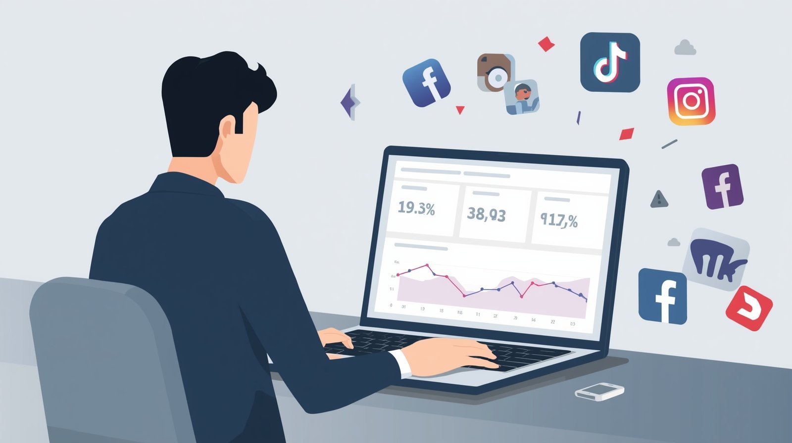 Digital marketer analyzing social media analytics on a laptop.