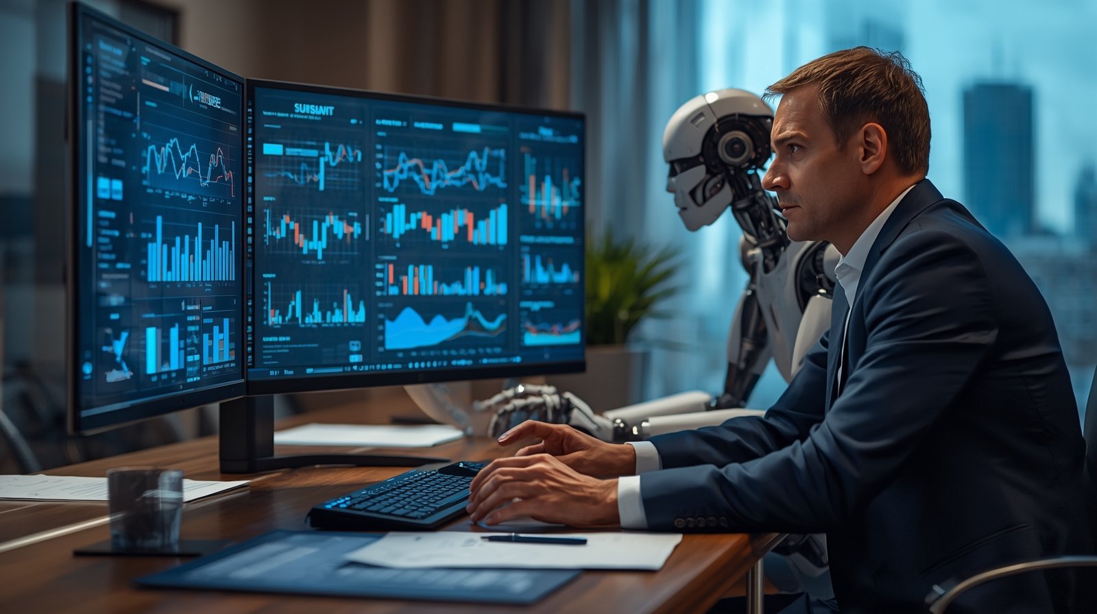 Businessman analyzing data with AI robot assistant in office.