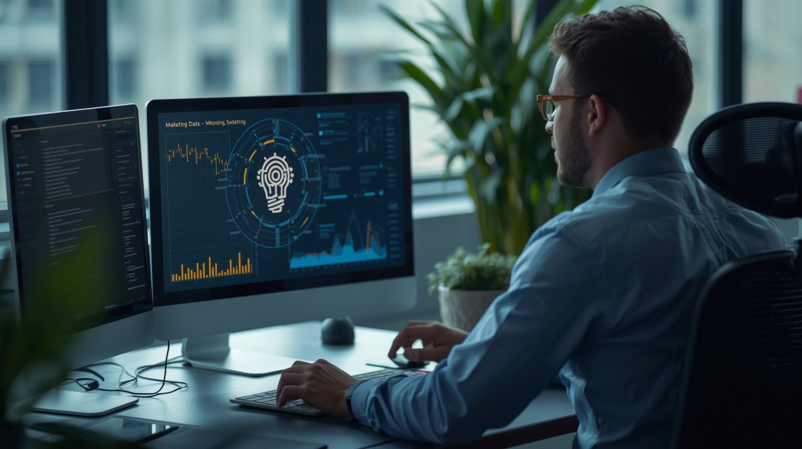 Marketer using AI and automation tools to plan digital marketing campaigns in a modern office.