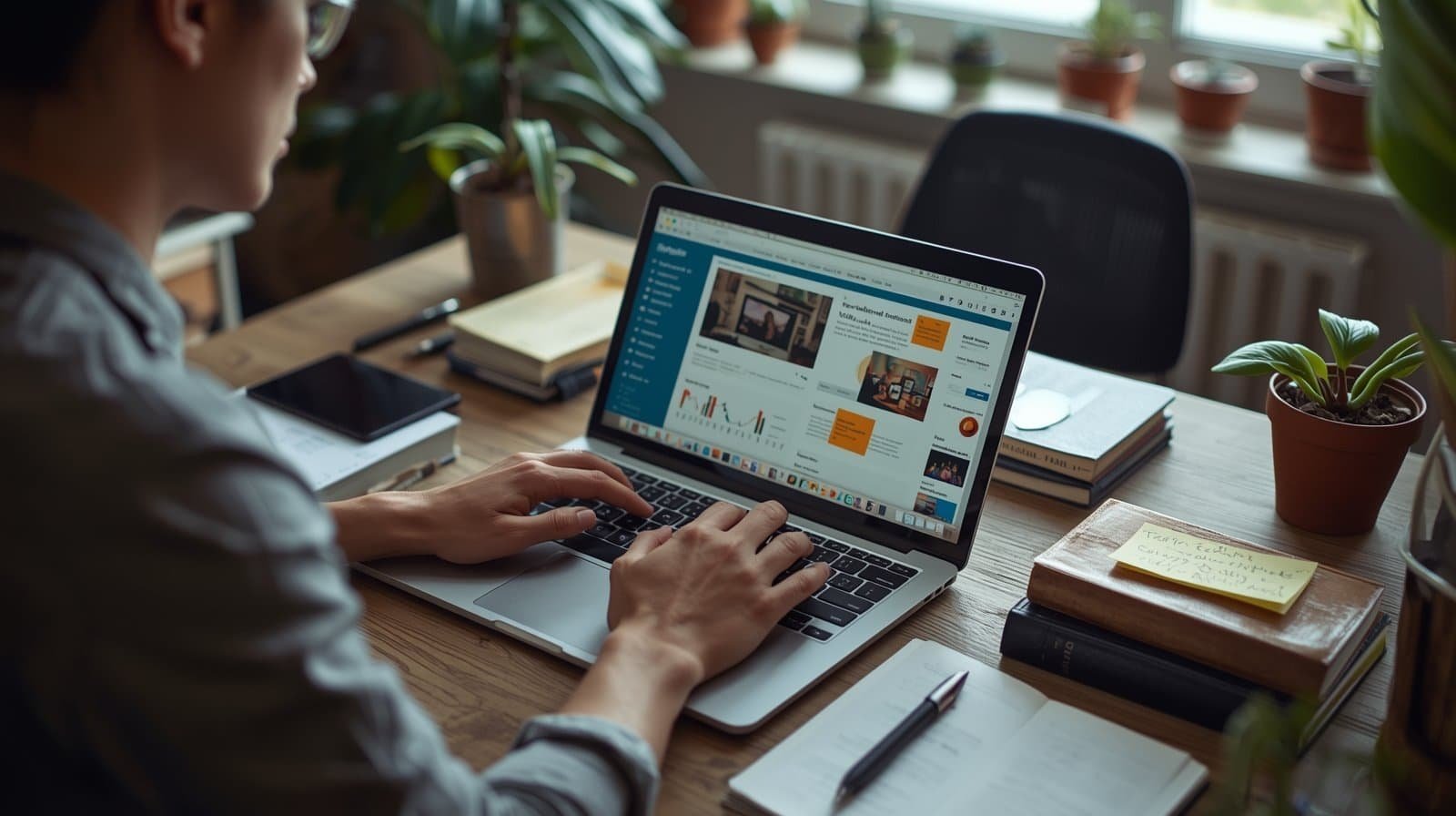 Person analyzing website data and digital marketing analytics on a laptop in a workspace with notebooks and plants.