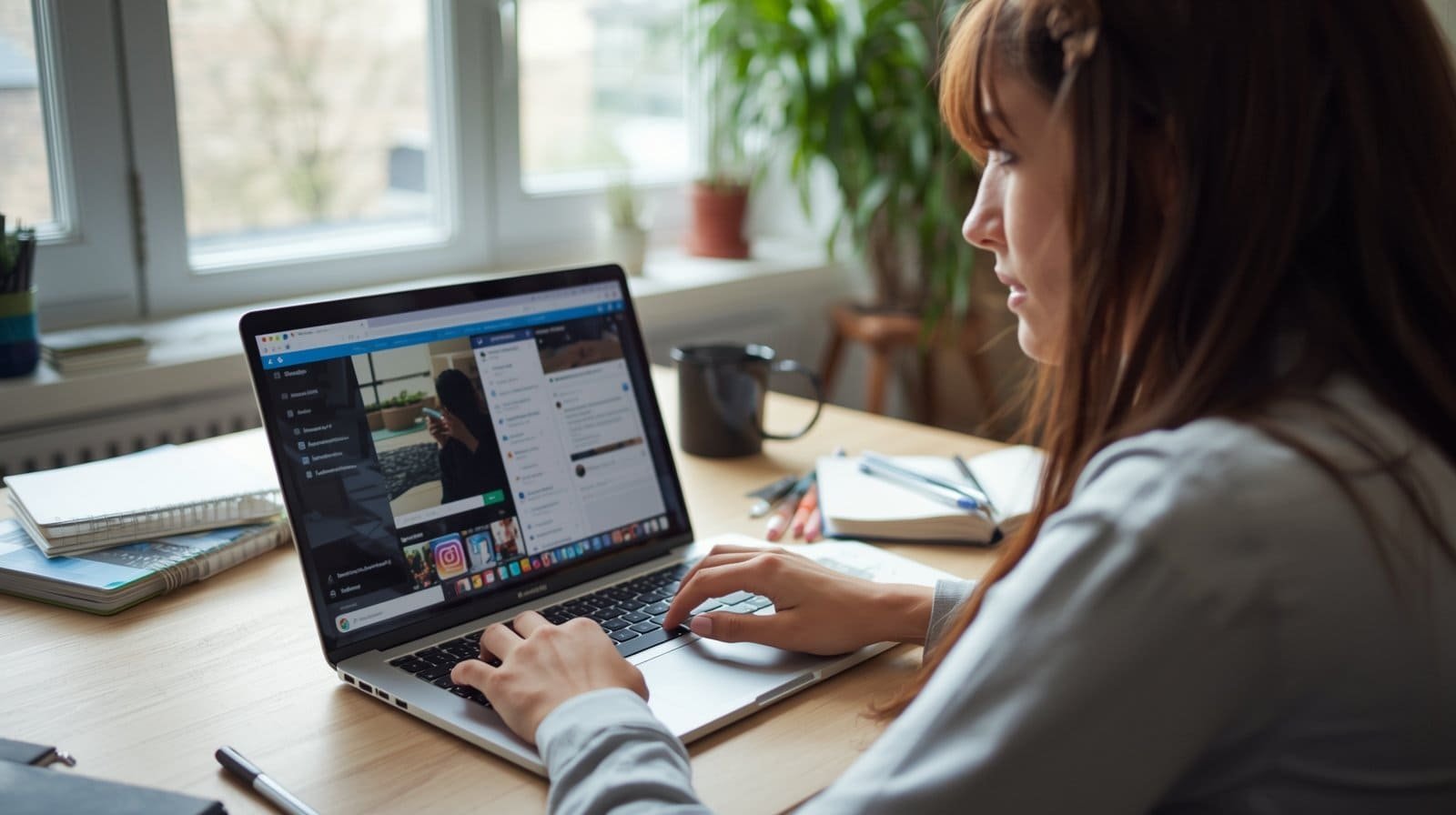 Woman working on a laptop at a desk, managing digital marketing tasks in a home office environment.