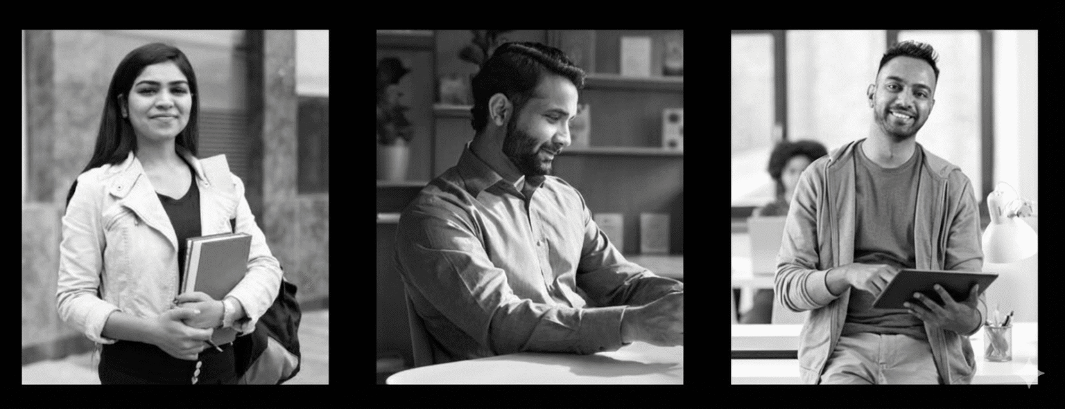 a young woman holding a book, a bearded man looking down, and a smiling man holding a tablet.