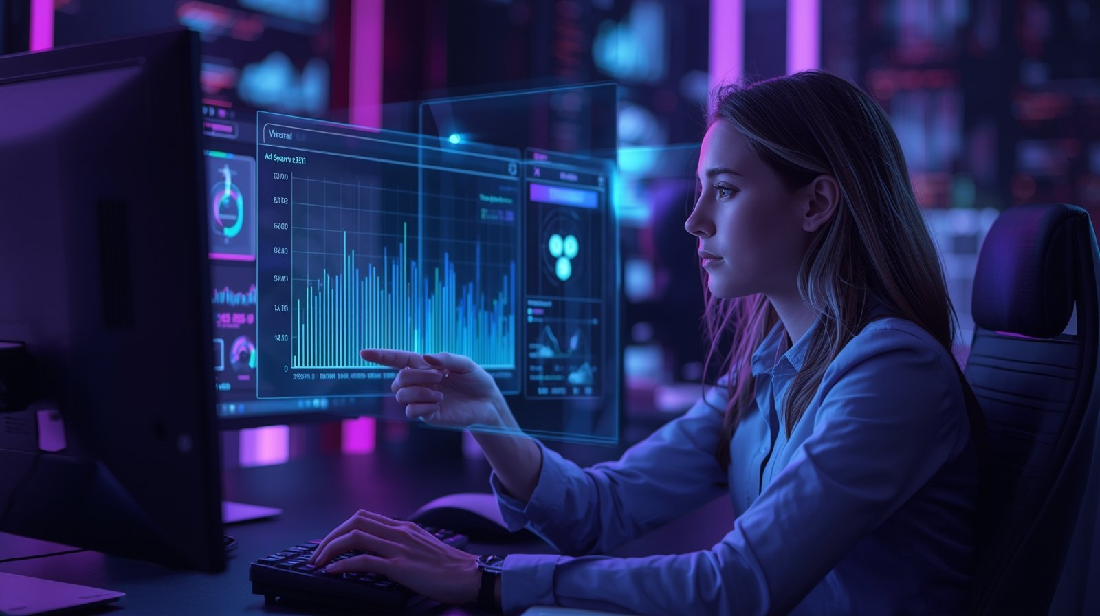 Digital marketer analyzing campaign data on a futuristic Excel dashboard.