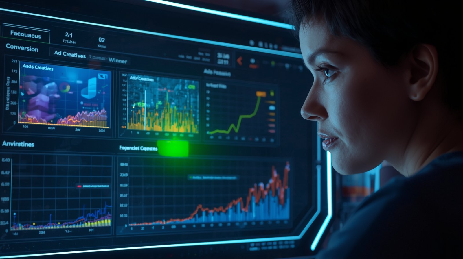 Professional reviewing detailed Excel graphs and ad performance analytics on screen.
