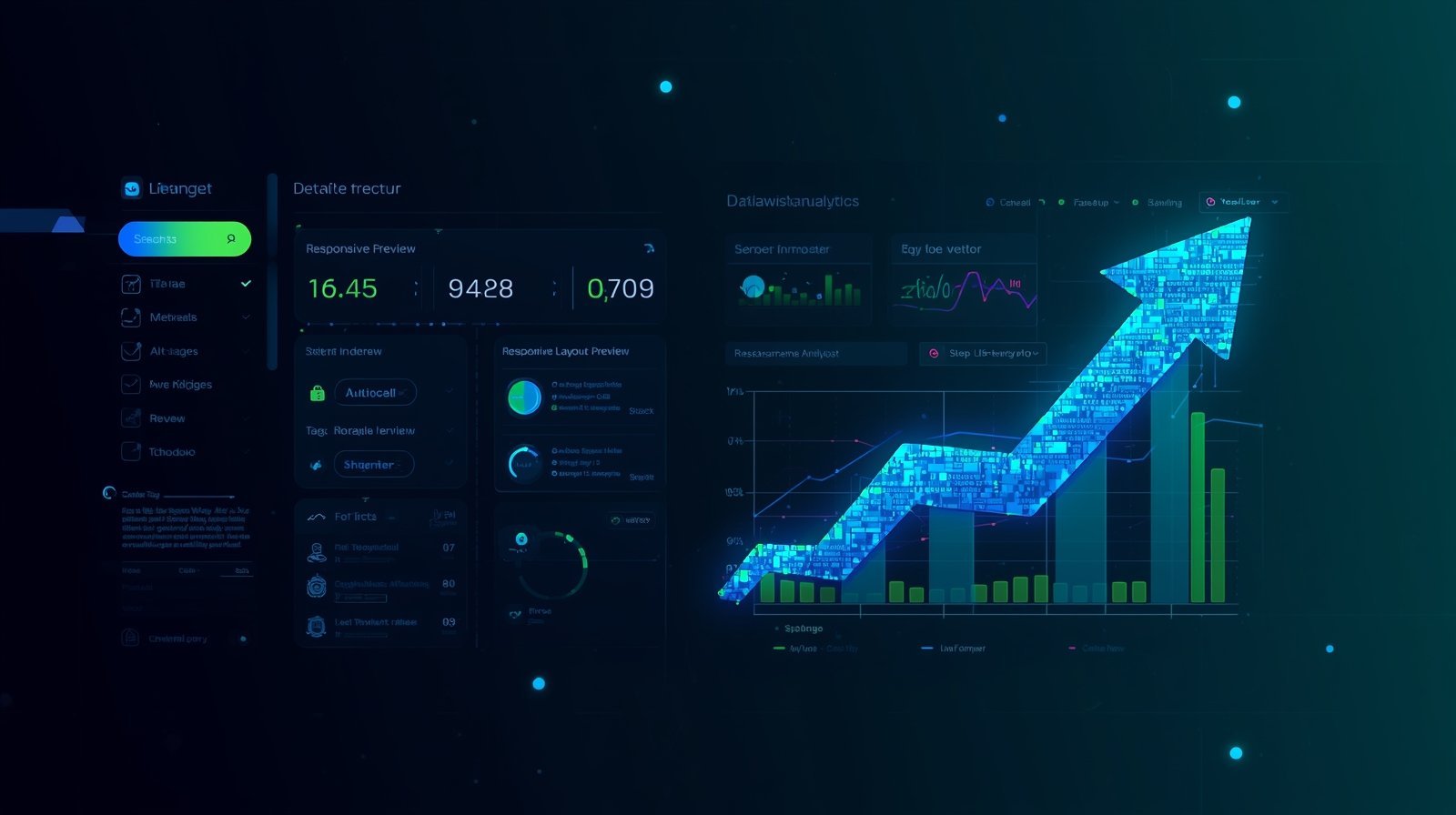 Futuristic dashboard with charts and arrow showing website performance growth.