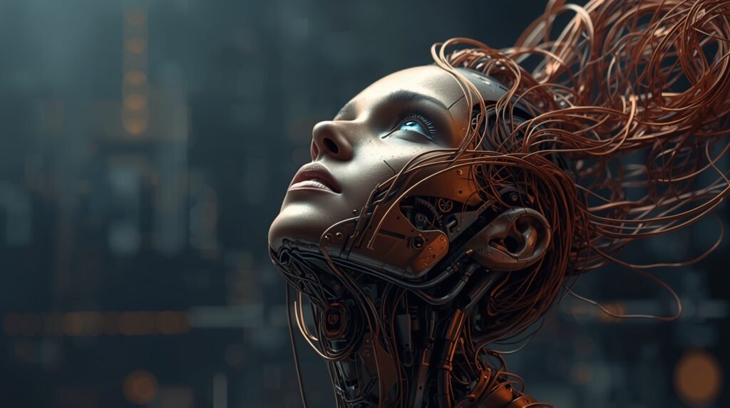 Futuristic AI robotic face looking upward with digital details. (Best Graphic Designing course In Karnal )