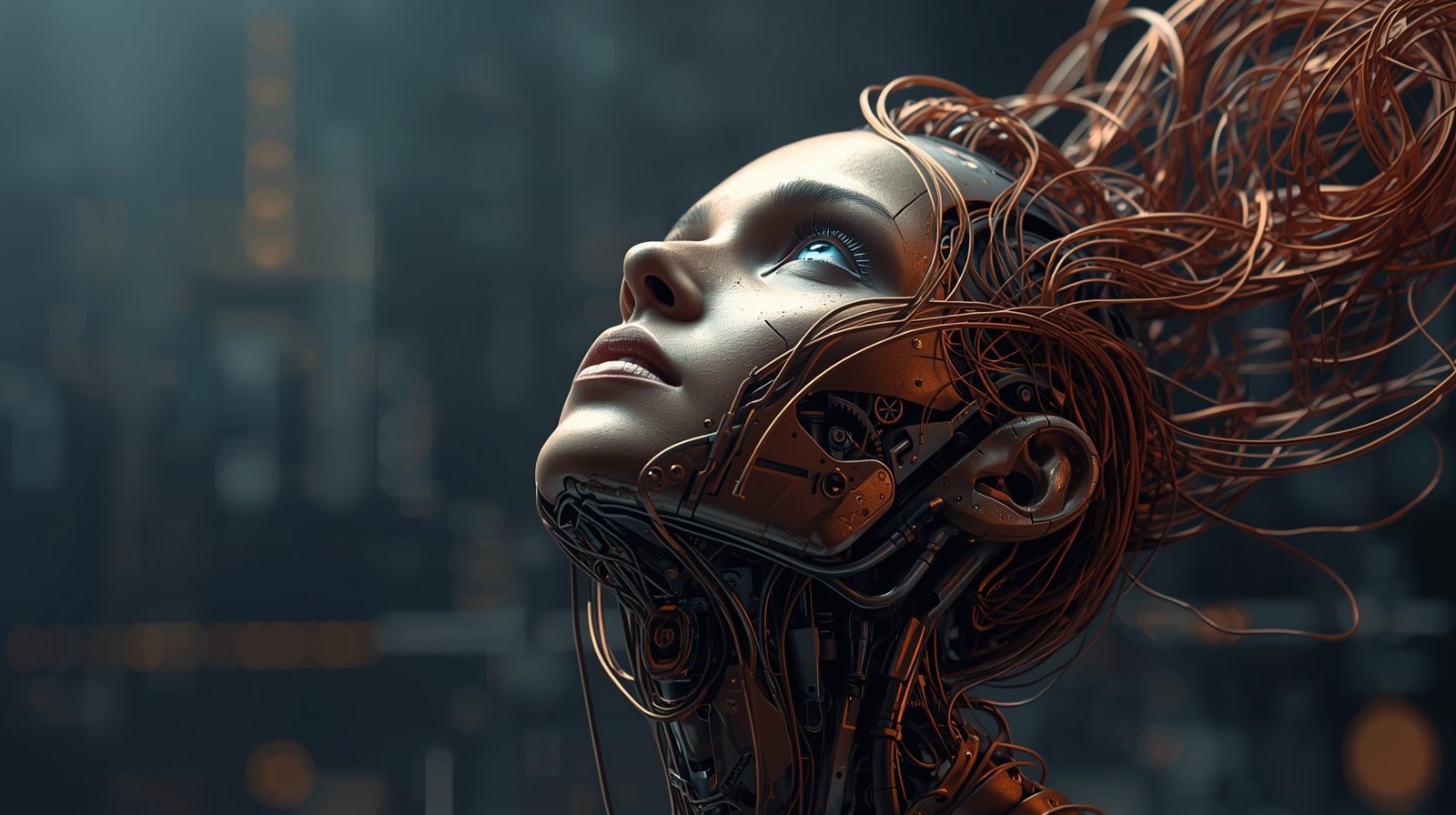 Futuristic AI robotic face looking upward with digital details. (Best Graphic Designing course In Karnal )