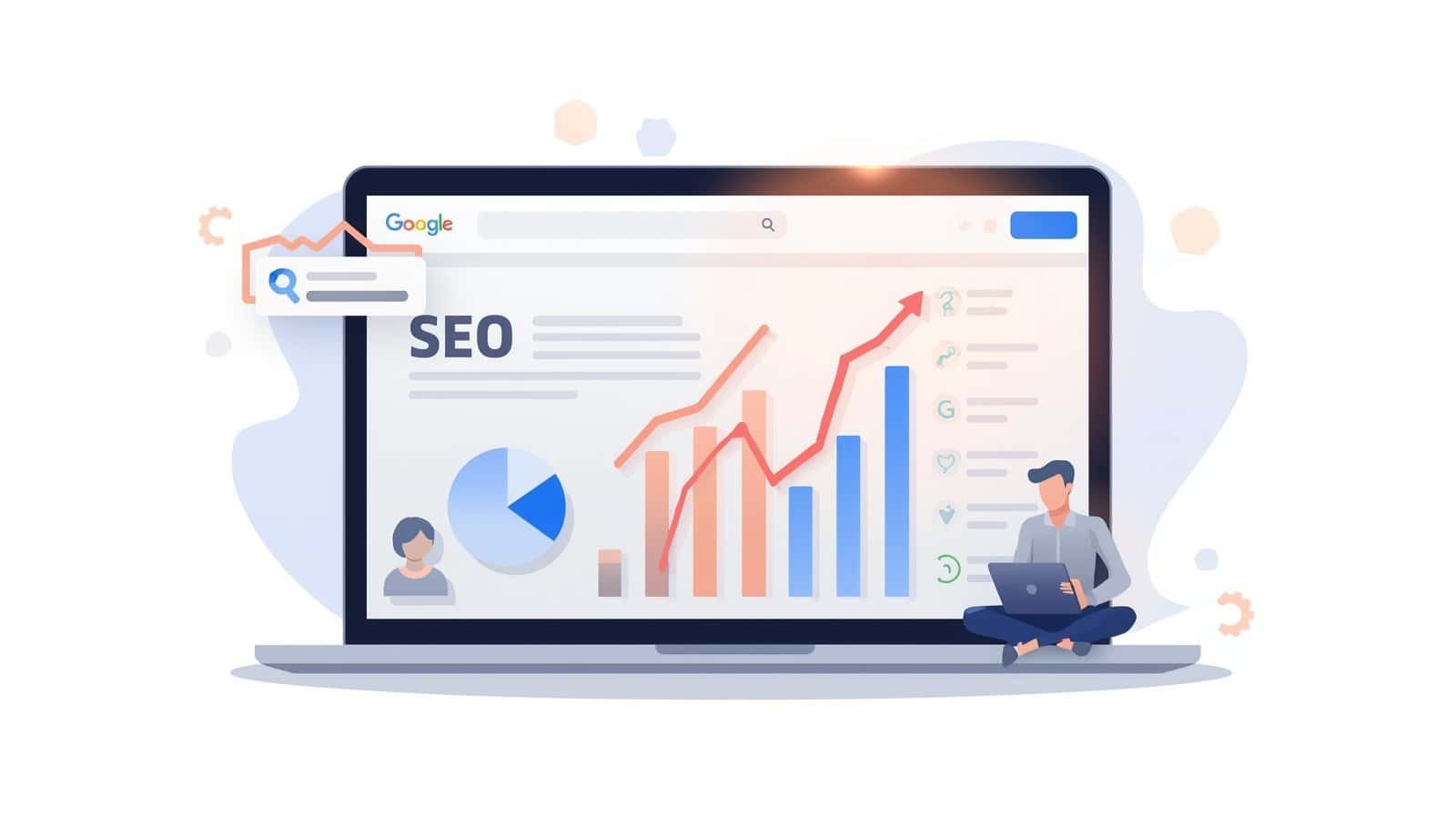 Laptop screen displaying SEO metrics, charts, and ranking improvements.