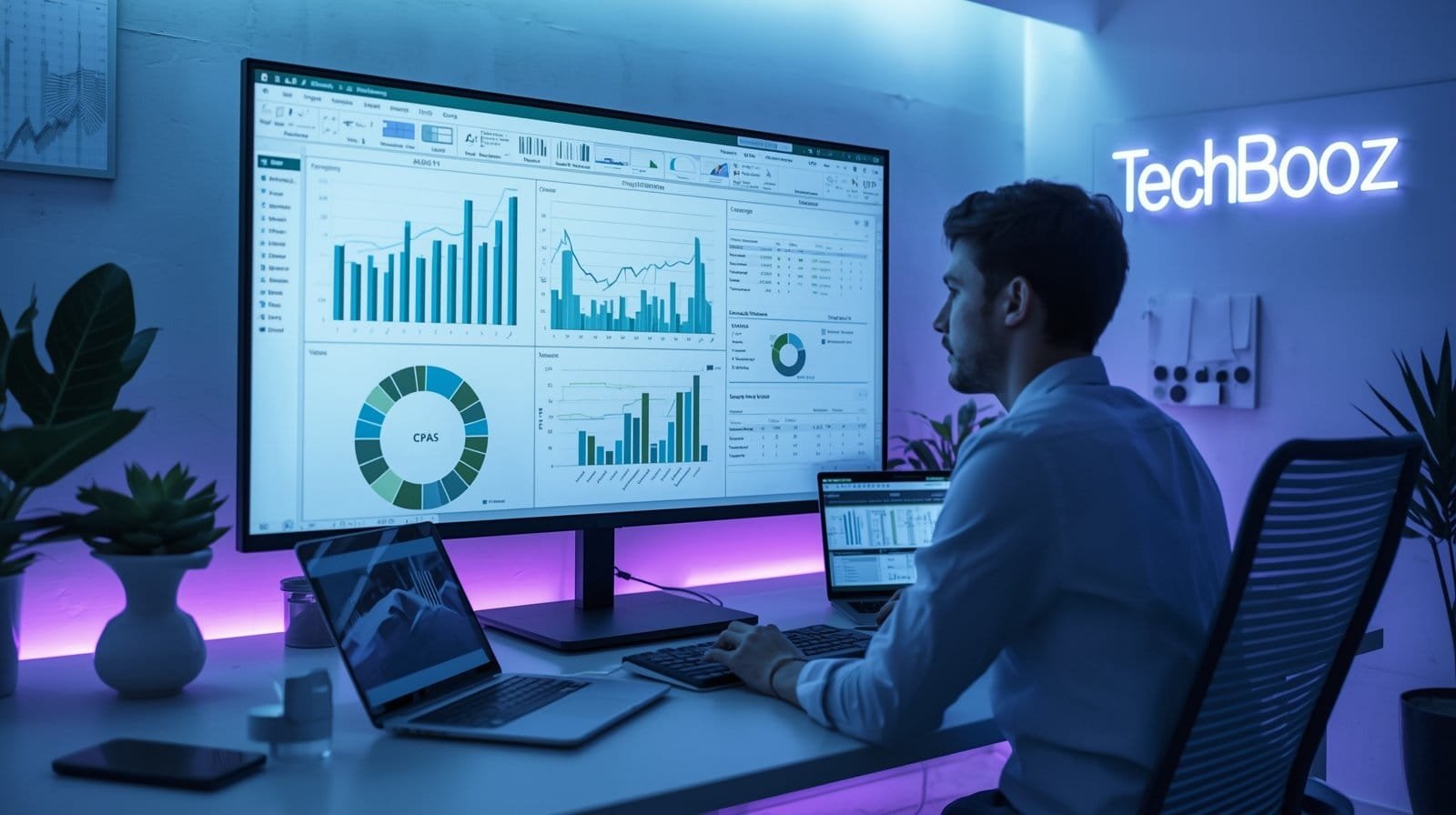 Learn With Techbooz Insights 66 Digital marketer analyzing Excel dashboards and campaign data on a large screen in a modern TechBooz workspace.