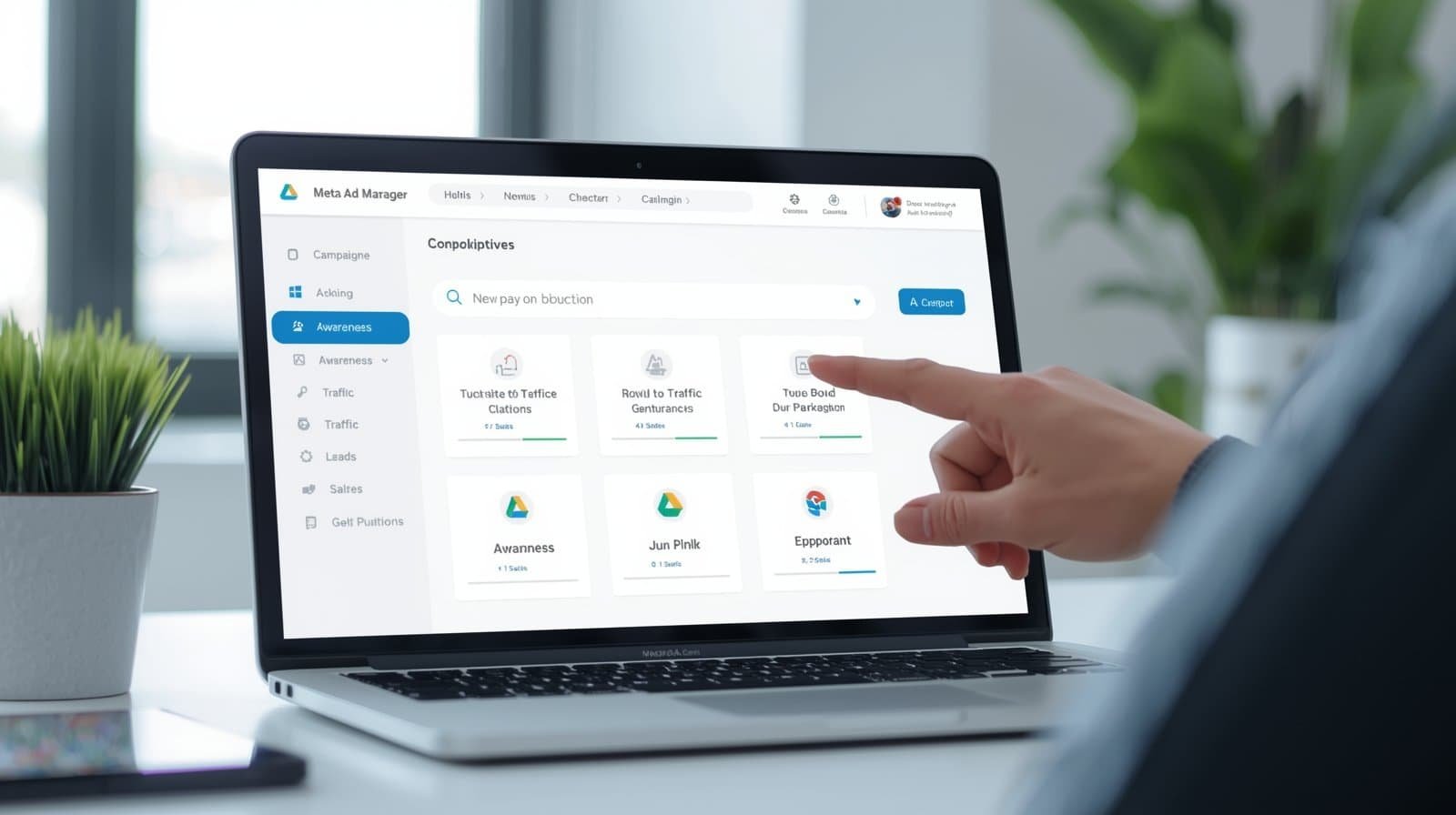 Laptop displaying Meta Ads Manager with a hand selecting a campaign goal.