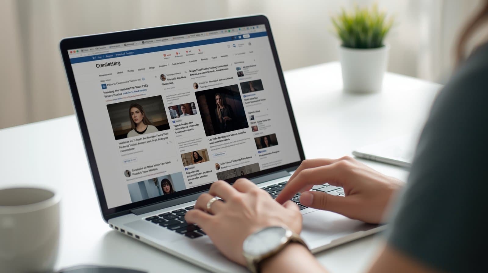 Marketer working on a laptop while browsing and curating social media content