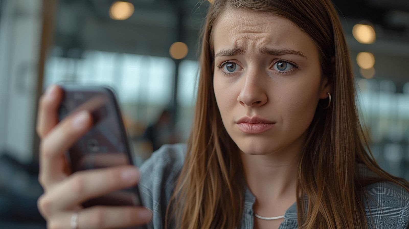 Young professional looking confused while scrolling through social media on a phone