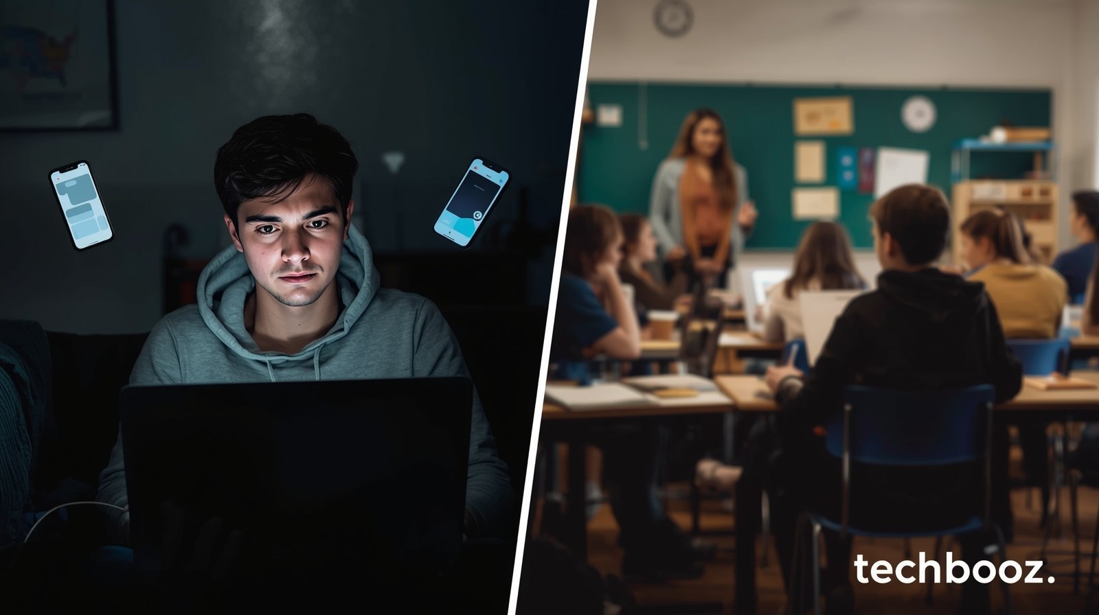 10 Online Education Myths You Should Stop Believing 2 Split image comparing distracted online learning at home with focused offline classroom learning.
