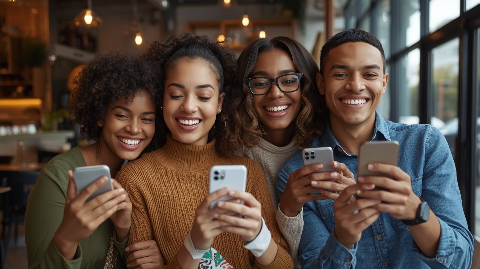 Happy users checking results on mobile phones