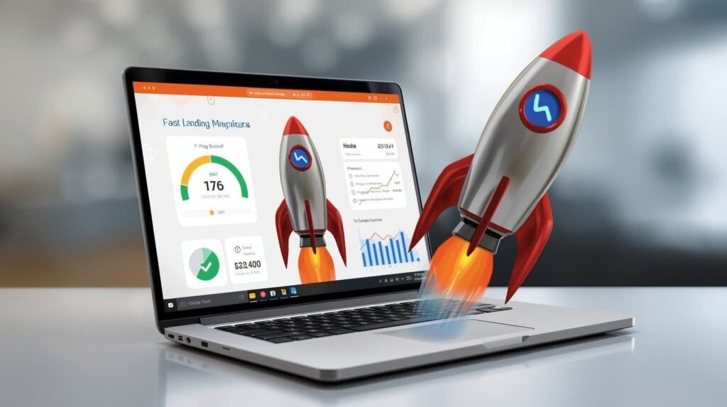 Laptop showing SEO analytics with rocket icons symbolizing fast performance.”