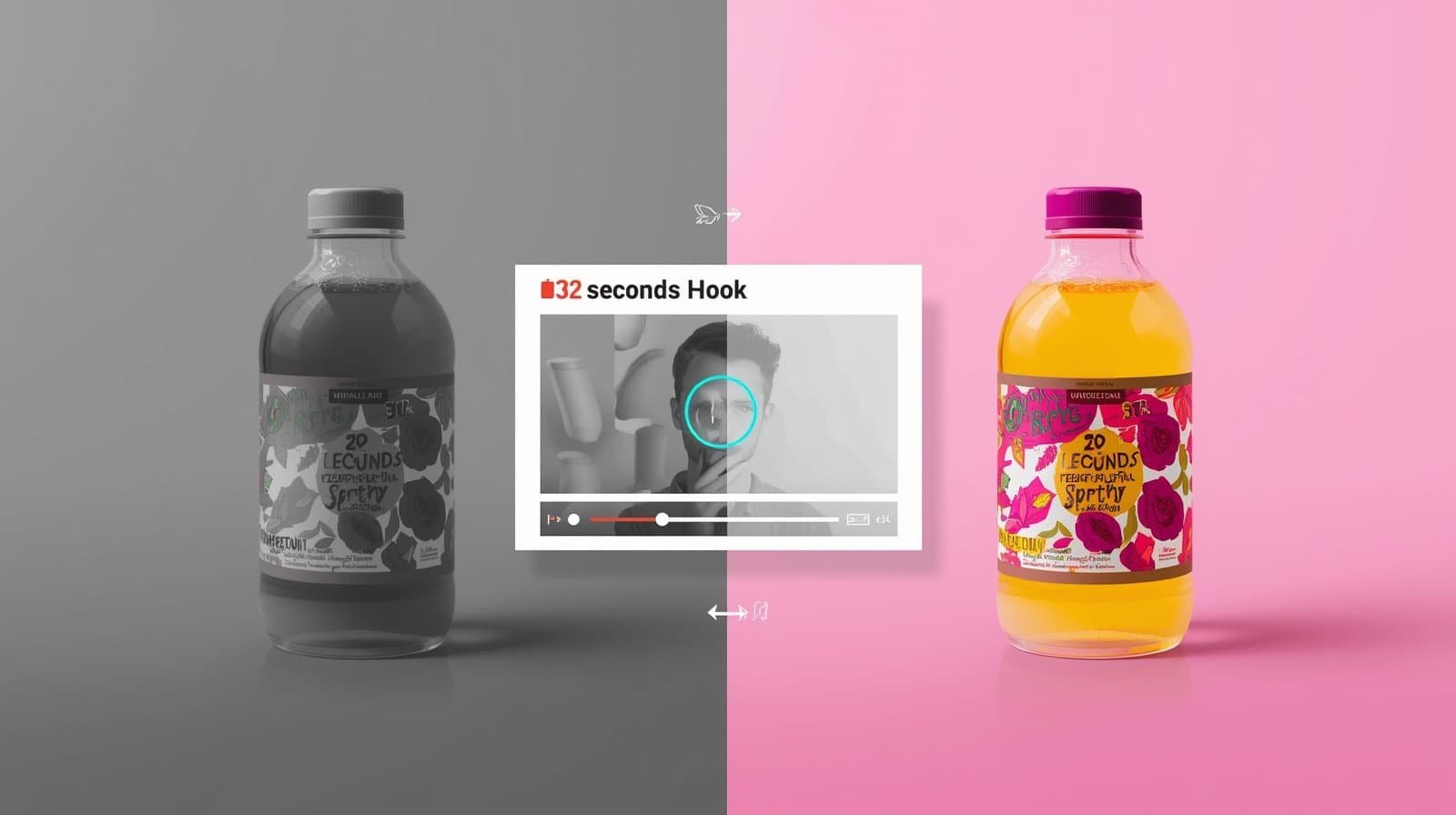 Comparison of dull and vibrant product visuals with a video hook example.