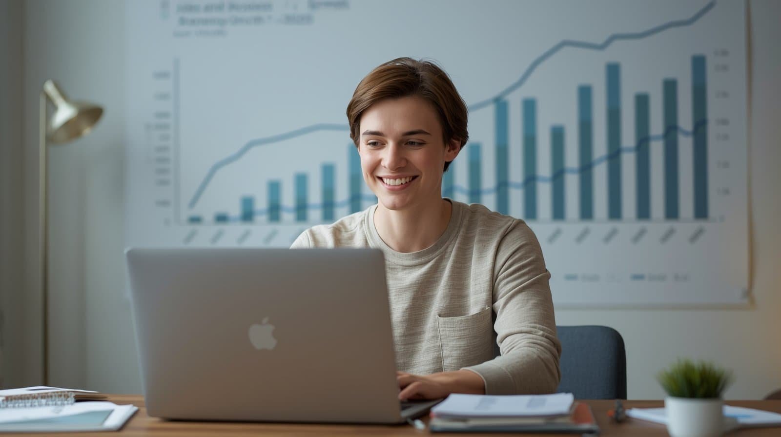 Student working on laptop with campaign growth charts in the background.