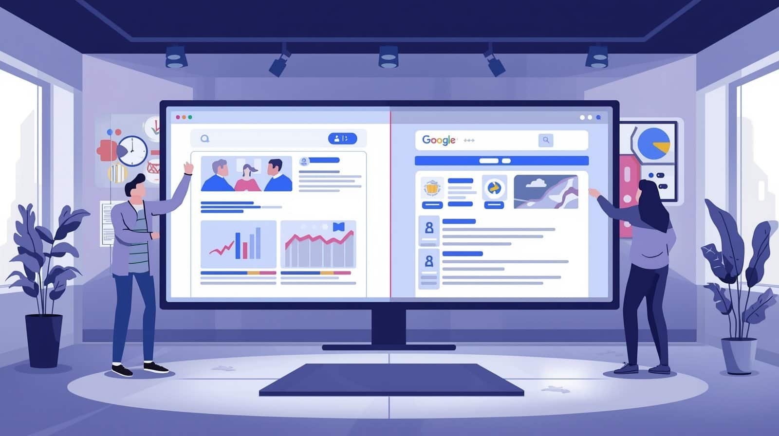 Large screen comparing two website layouts with people analyzing Web site design.”