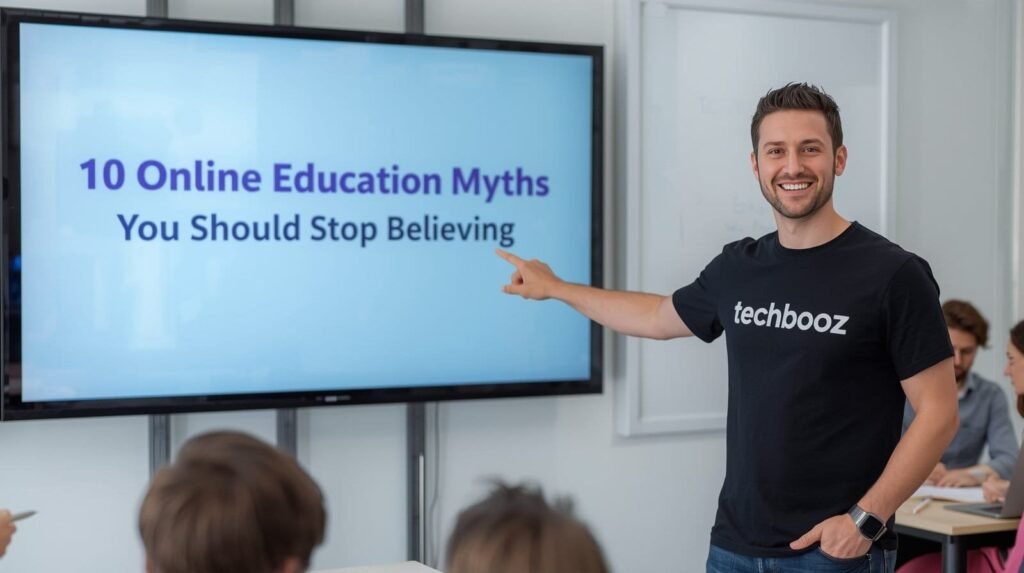 Instructor presenting “10 Online Education Myths” on screen in a TechBooz classroom.