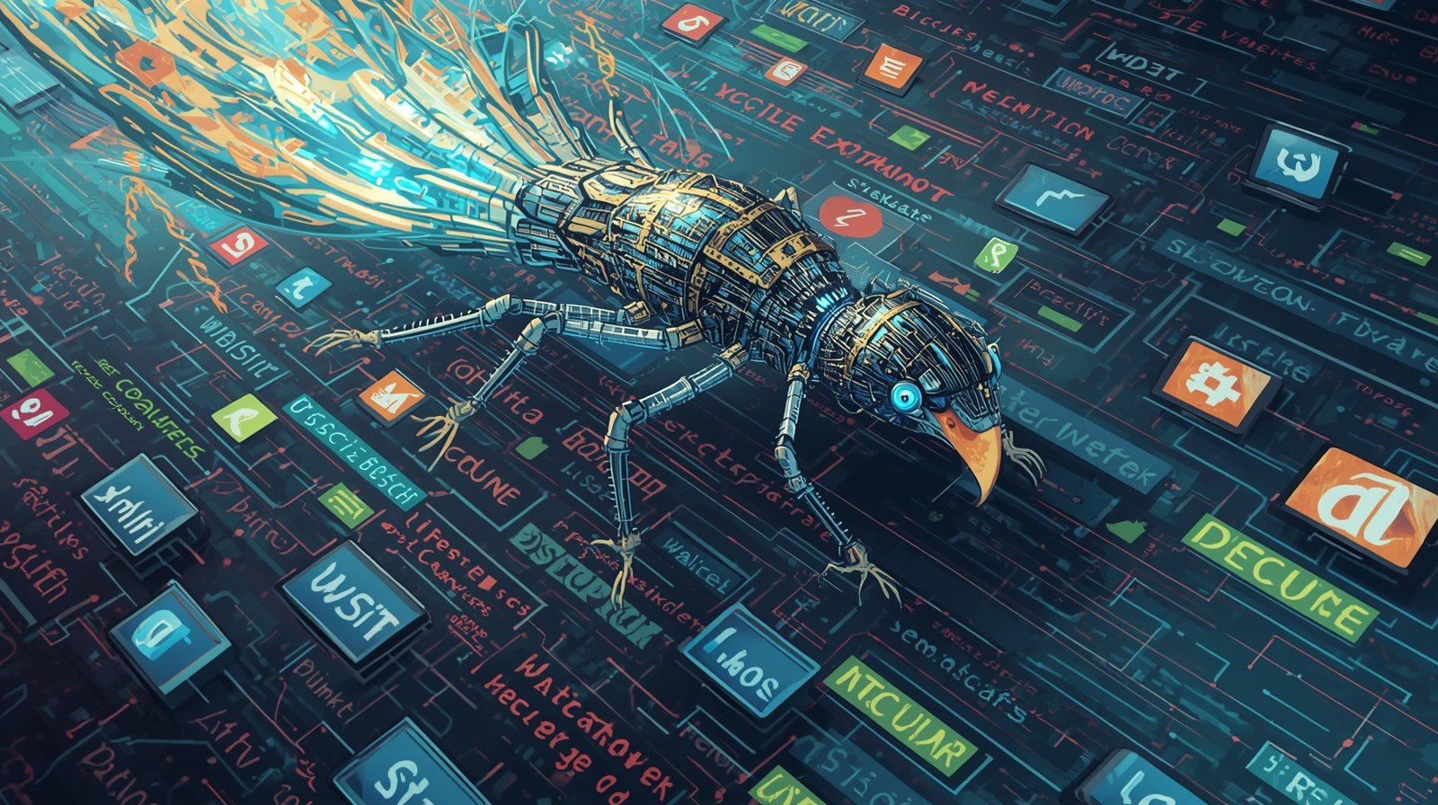 Digital robotic bird crawling on data grid representing search engine indexing.”