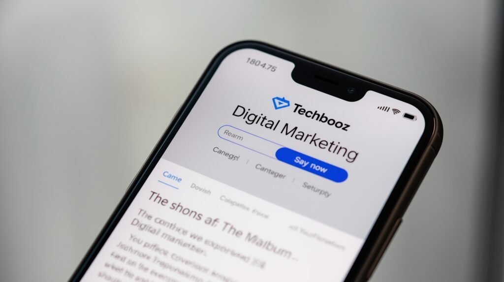 Mobile phone displaying TechBooz digital marketing page on screen