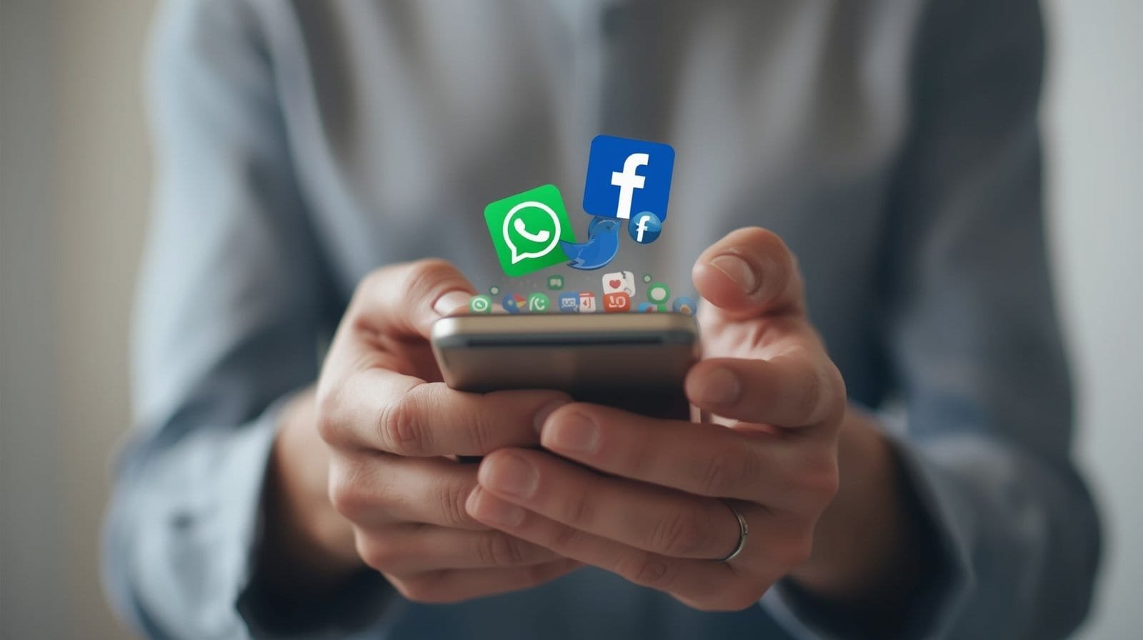 Hands holding a smartphone with social media app icons floating above the screen