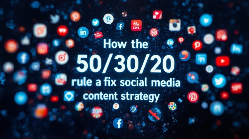 Digital screen showing the 50/30/20 rule for social media content strategy with platform icons