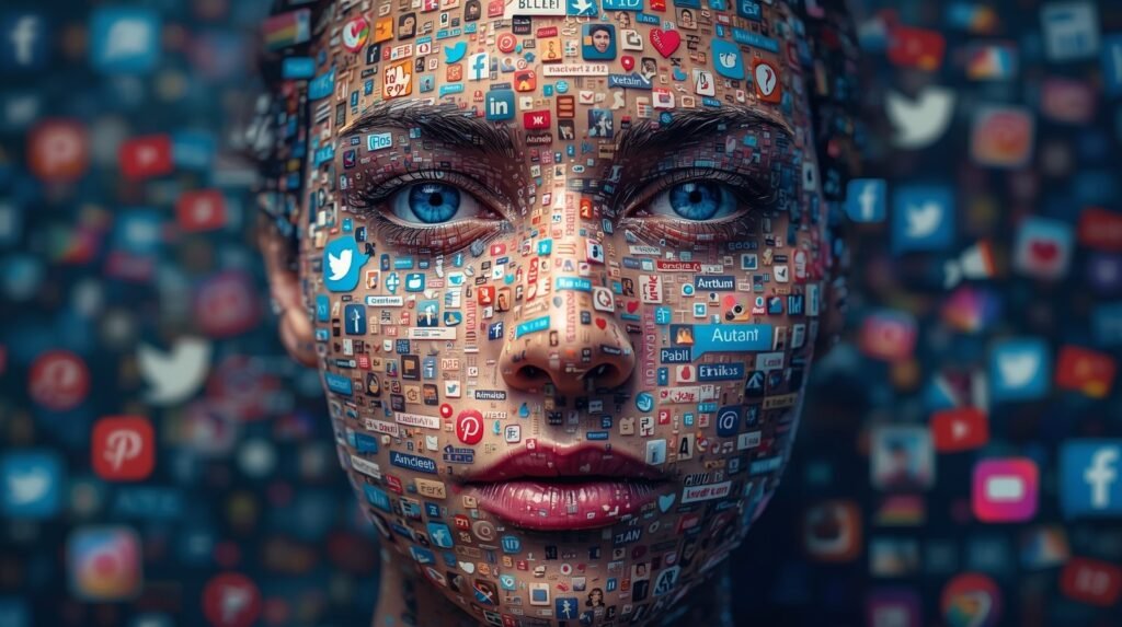 Human face created from social media platform icons also email marketing