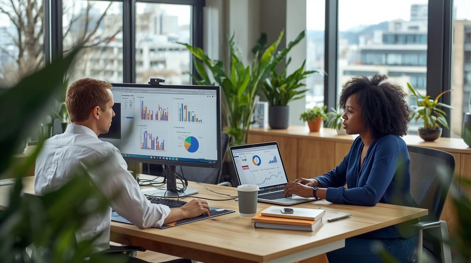 Two professionals discussing business data on computer screens