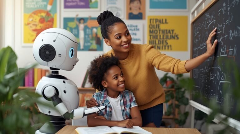 AI robot assisting teacher and child with math learning,Student studying late at night with AI guidance behind him,Top 11 AI Tools for School Students