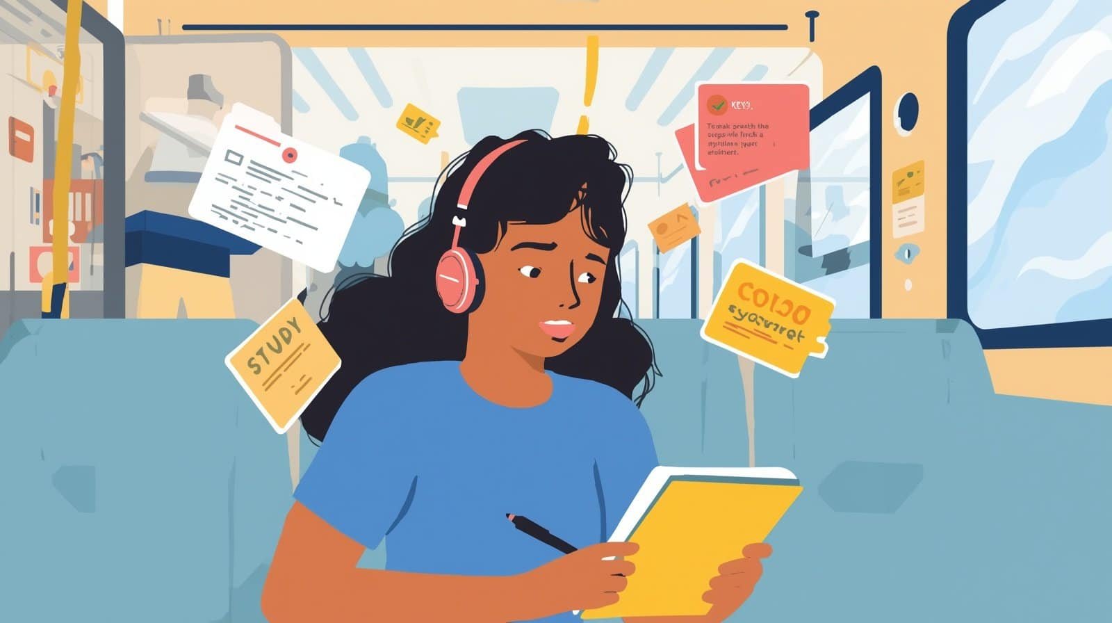 Top 11 AI Tools for School Students to Improve Studies 7 Student studying with headphones and notes during commute