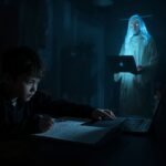 Student studying late at night with AI guidance behind him,Top 11 AI Tools for School Students