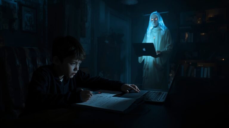 Student studying late at night with AI guidance behind him,Top 11 AI Tools for School Students