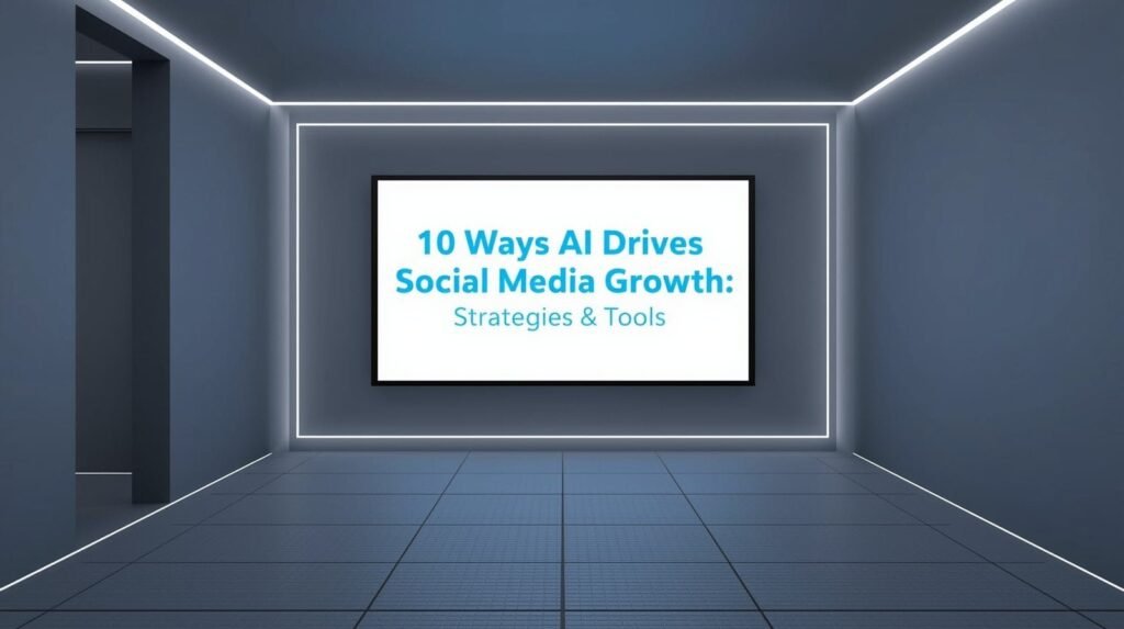 AI social media growth title screen in futuristic room