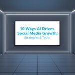 AI social media growth title screen in futuristic room