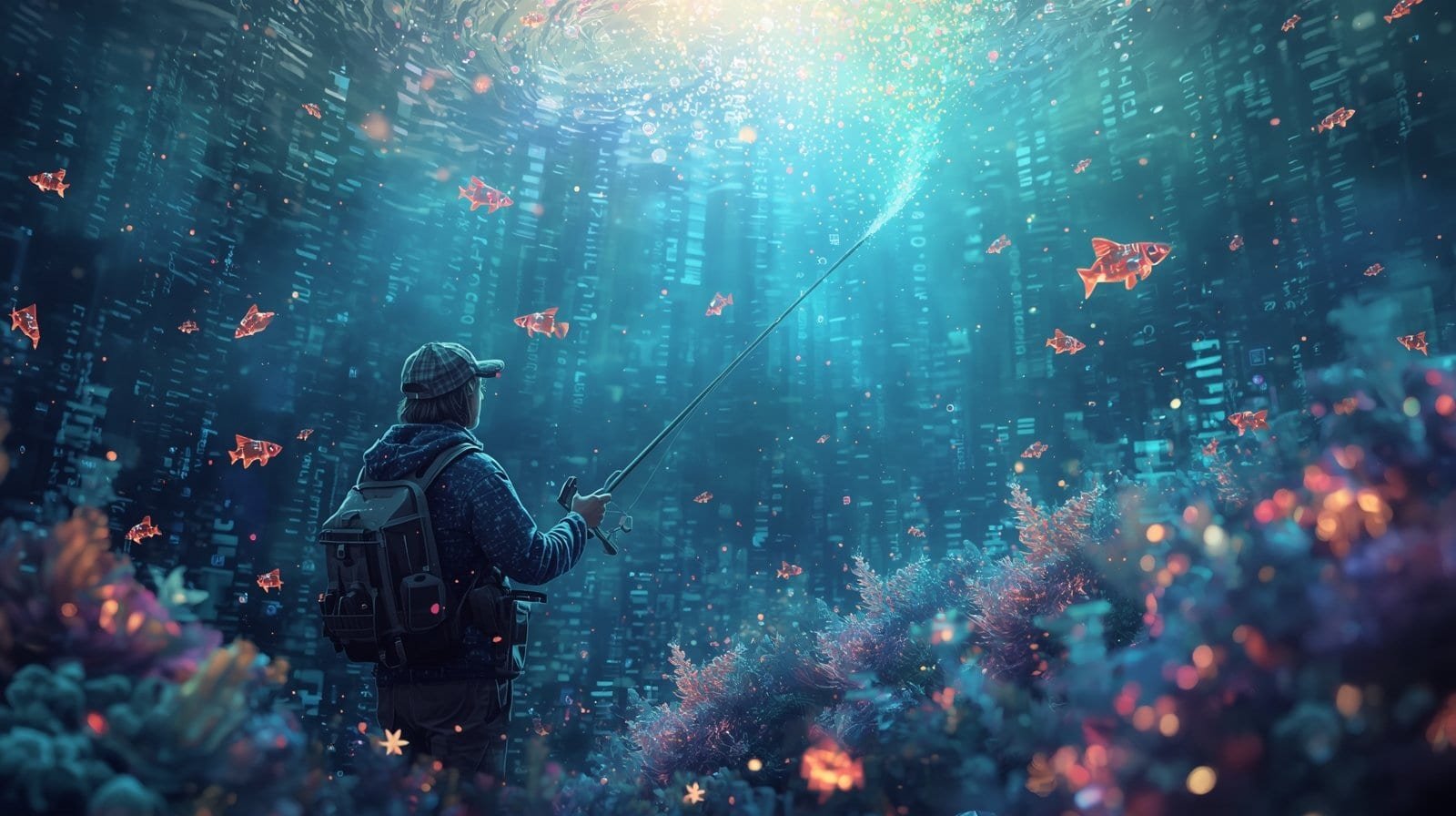 Person fishing for data in a digital underwater world