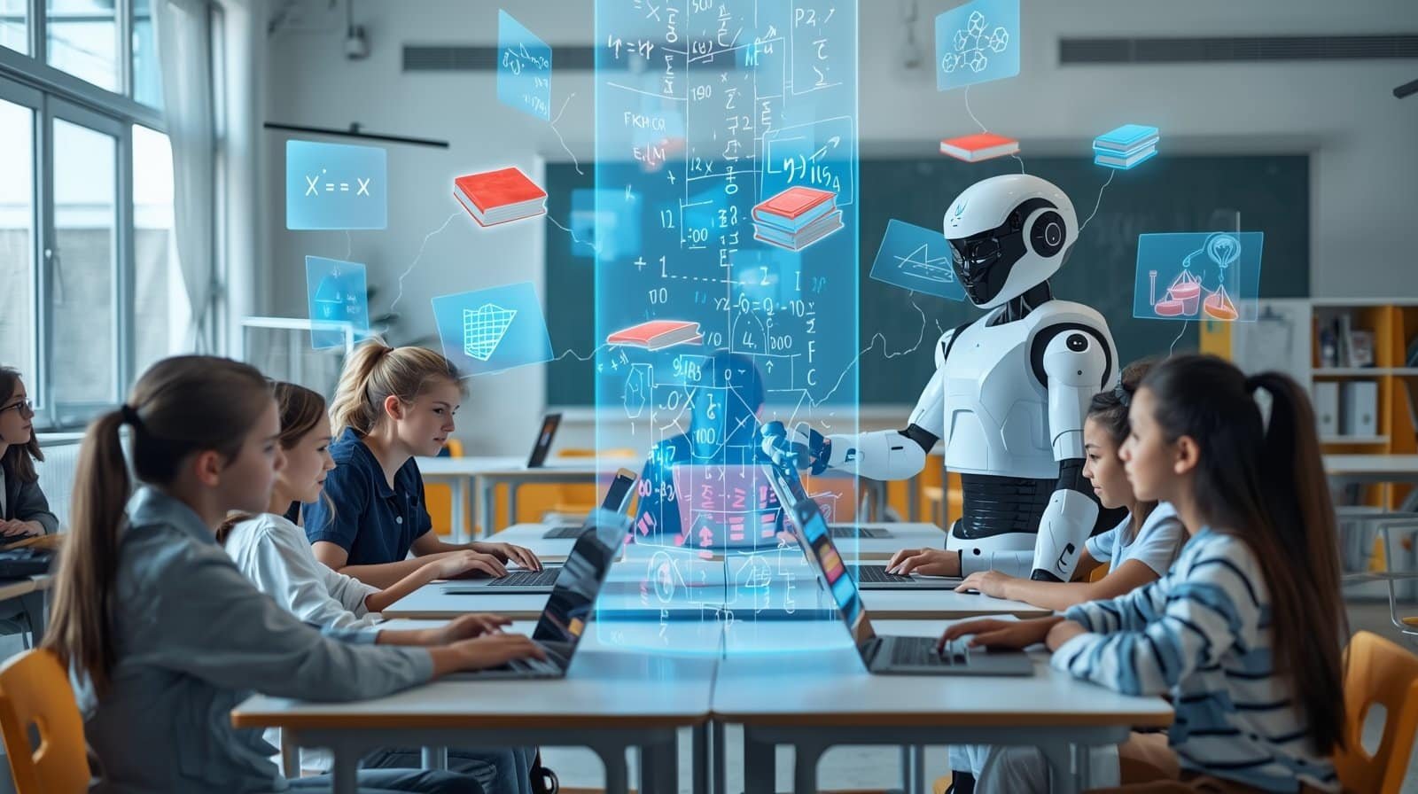 AI robot teaching students in a modern digital classroom