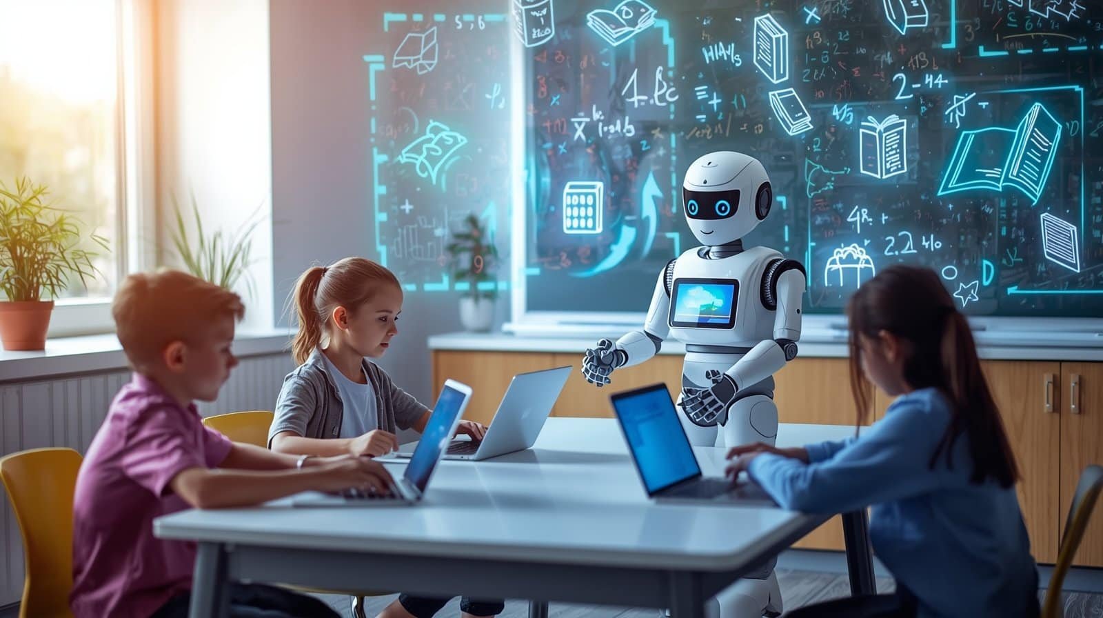 AI robot helping students learn with laptops in classroom