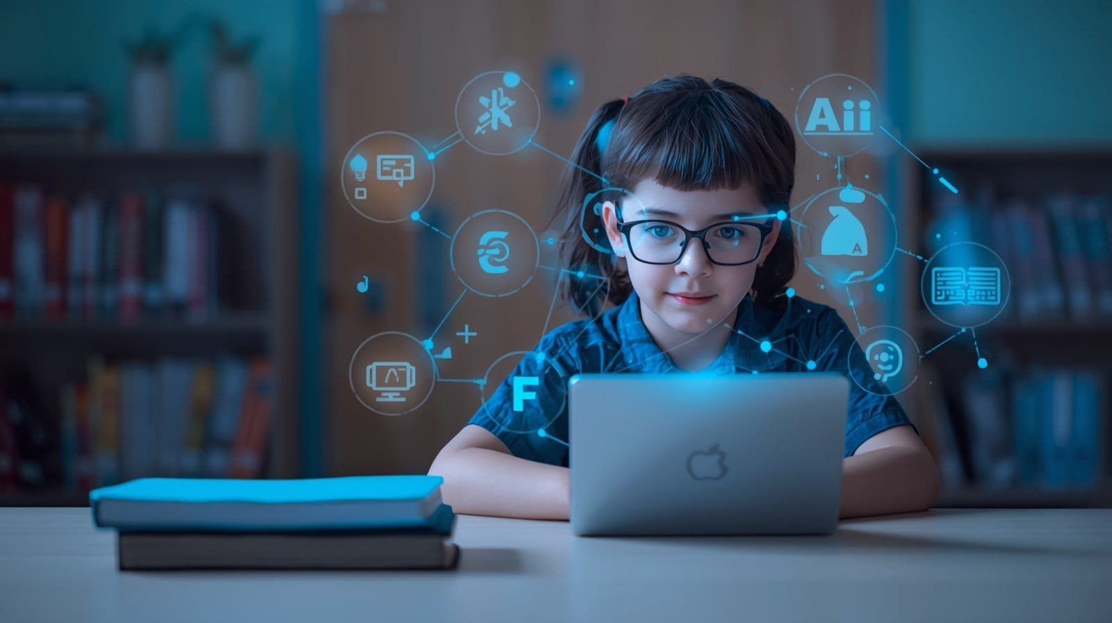 Student studying with AI learning icons and laptop