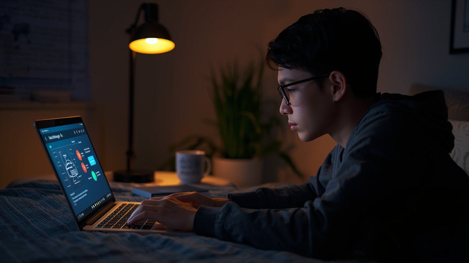 Student studying late at night with AI assistance on laptop