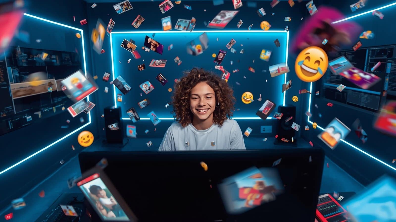 Content creator surrounded by floating social media posts