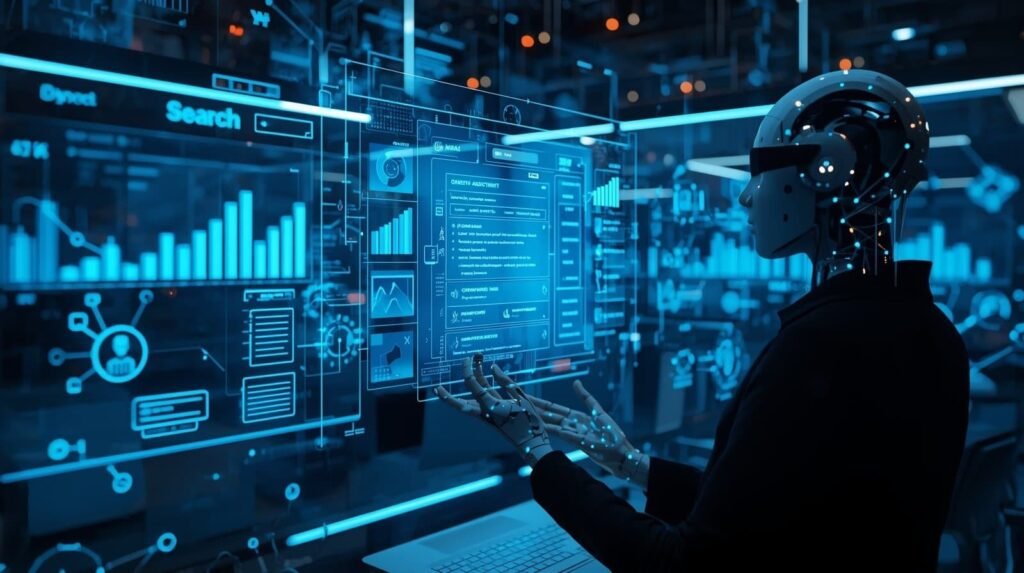 *AI robot analyzing digital marketing data and search analytics on futuristic screens.*