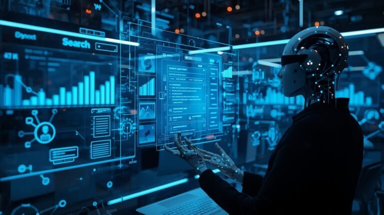 *AI robot analyzing digital marketing data and search analytics on futuristic screens.*